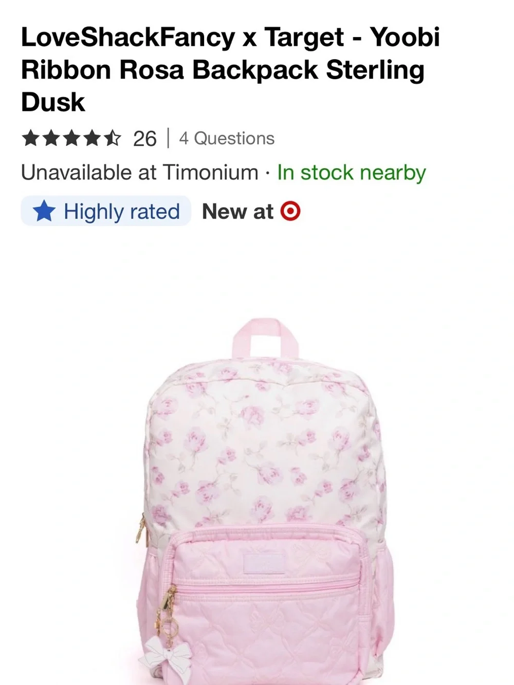 LoveShackFancy x Target Pink Floral Ribbon Rosa Quilted Backpack Sterling Rosa